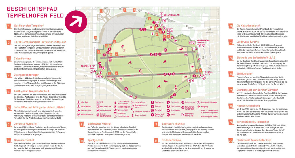 Karte des Tempelhofer Feldes mit engetragenen Standorten der Infotafeln